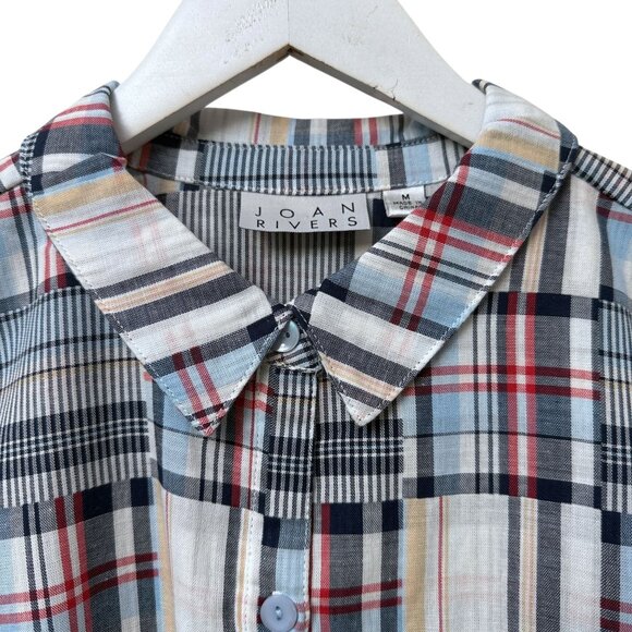 Joan Rivers Madras Shirt Size Medium Blue Plaid Womens Top Preppy Patchwork QVC - Picture 3 of 8
